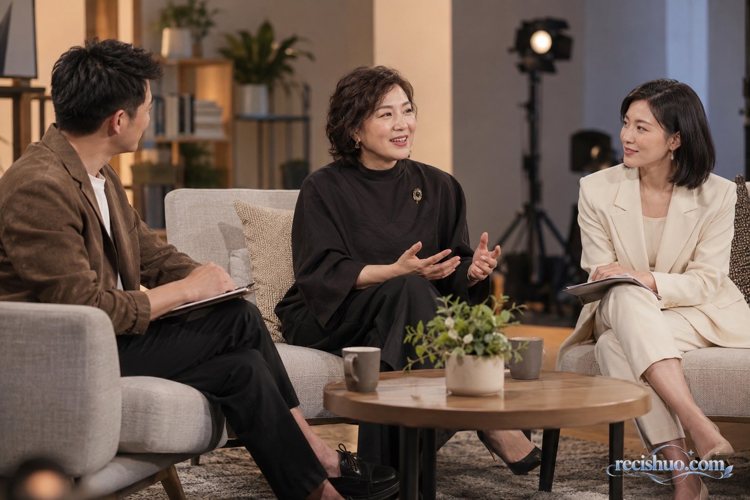 虚构的中年女性嘉宾与两位主持人在访谈空间自然交流