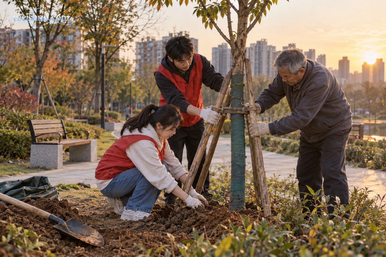 青年志愿者与年长居民在社区共同扶正新栽树木