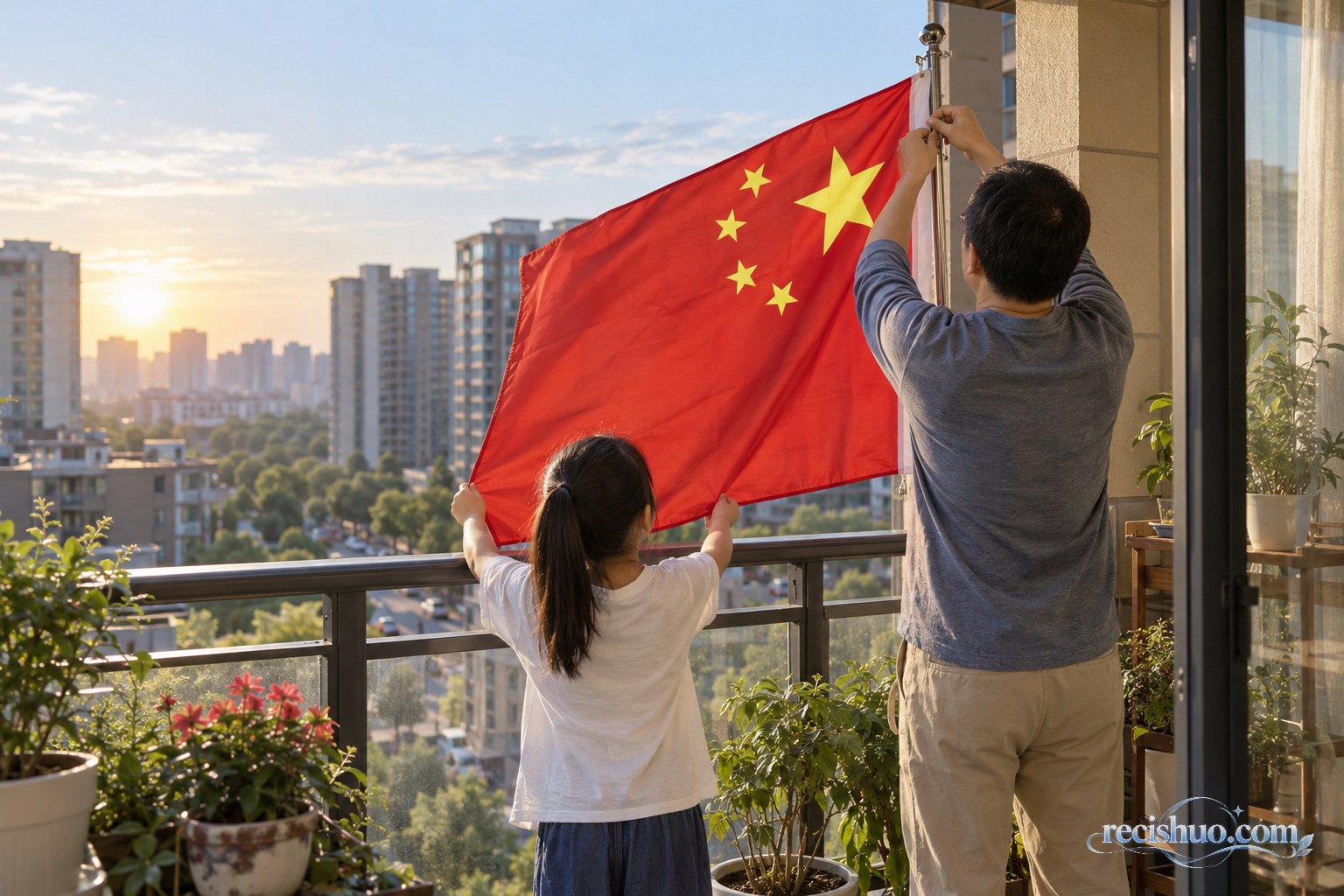 国庆清晨,家长与孩子在住宅阳台共同悬挂五星红旗