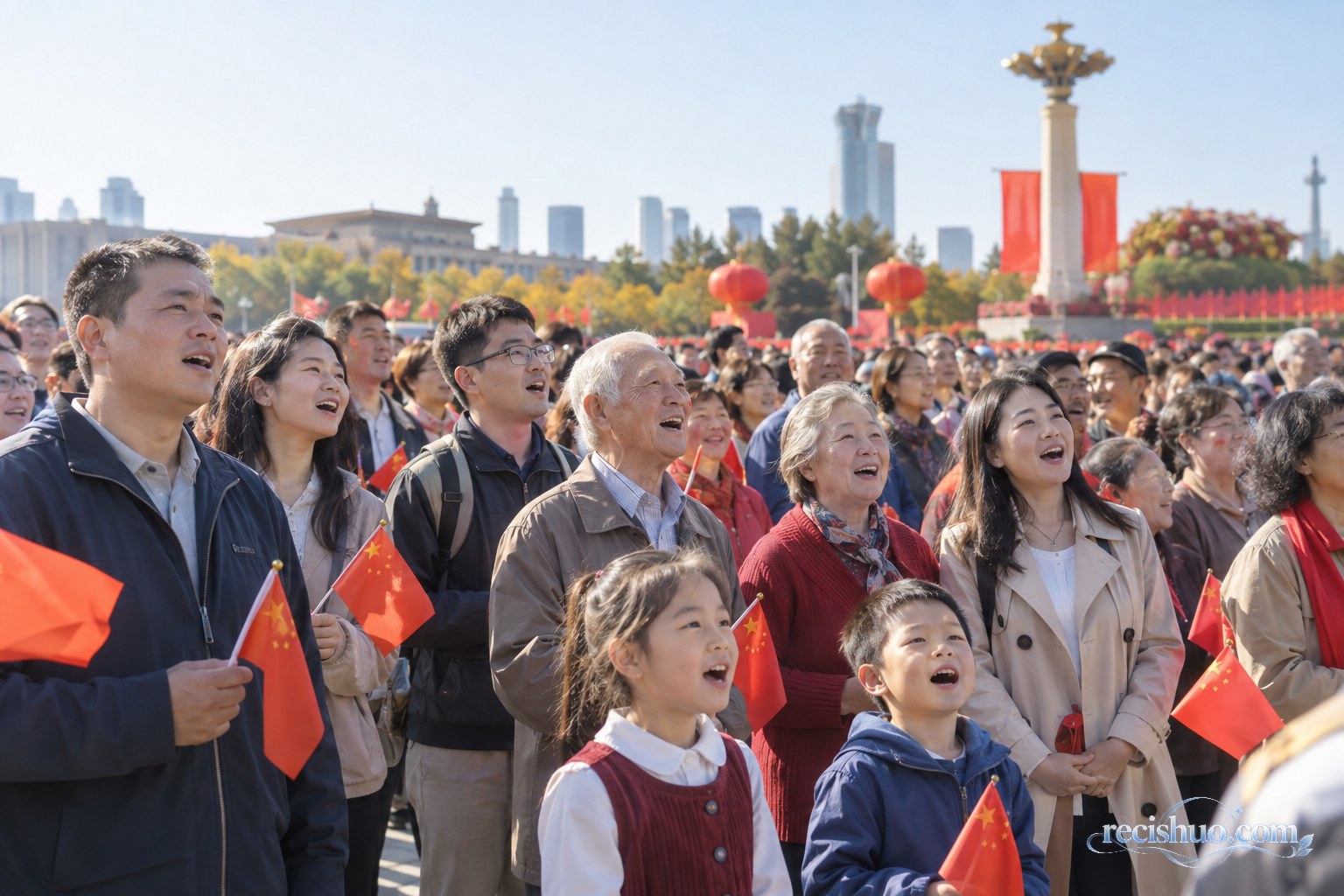 国庆节日氛围中不同年龄的群众在城市广场共同歌唱
