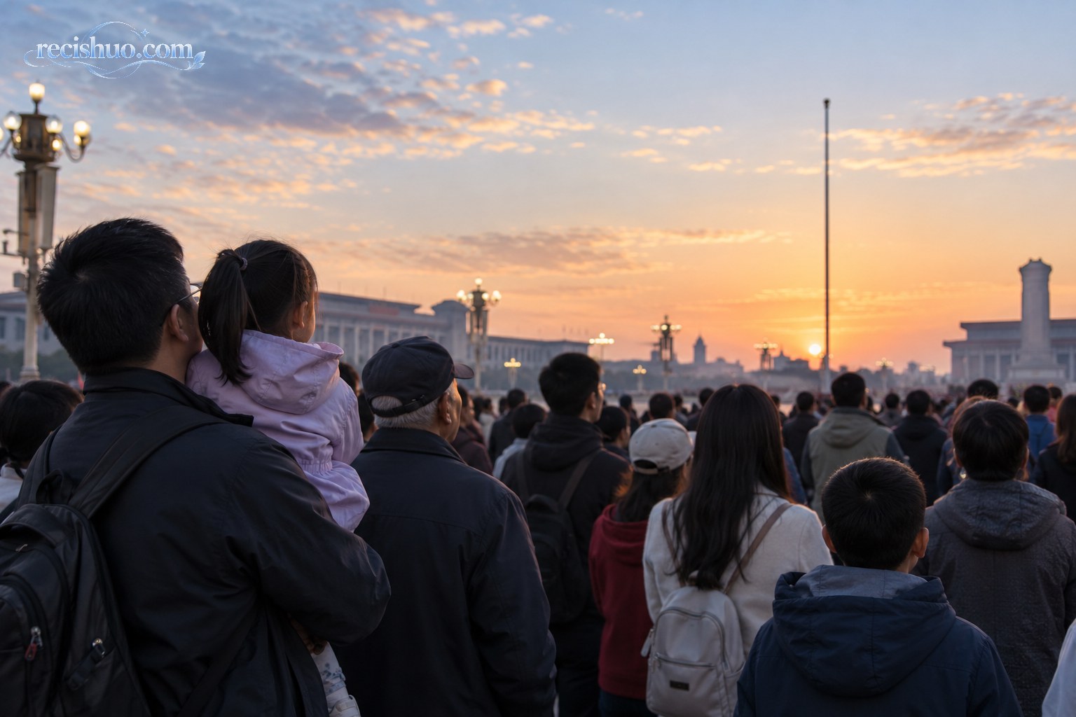 晨光中的观礼群众面向升旗方向安静肃立