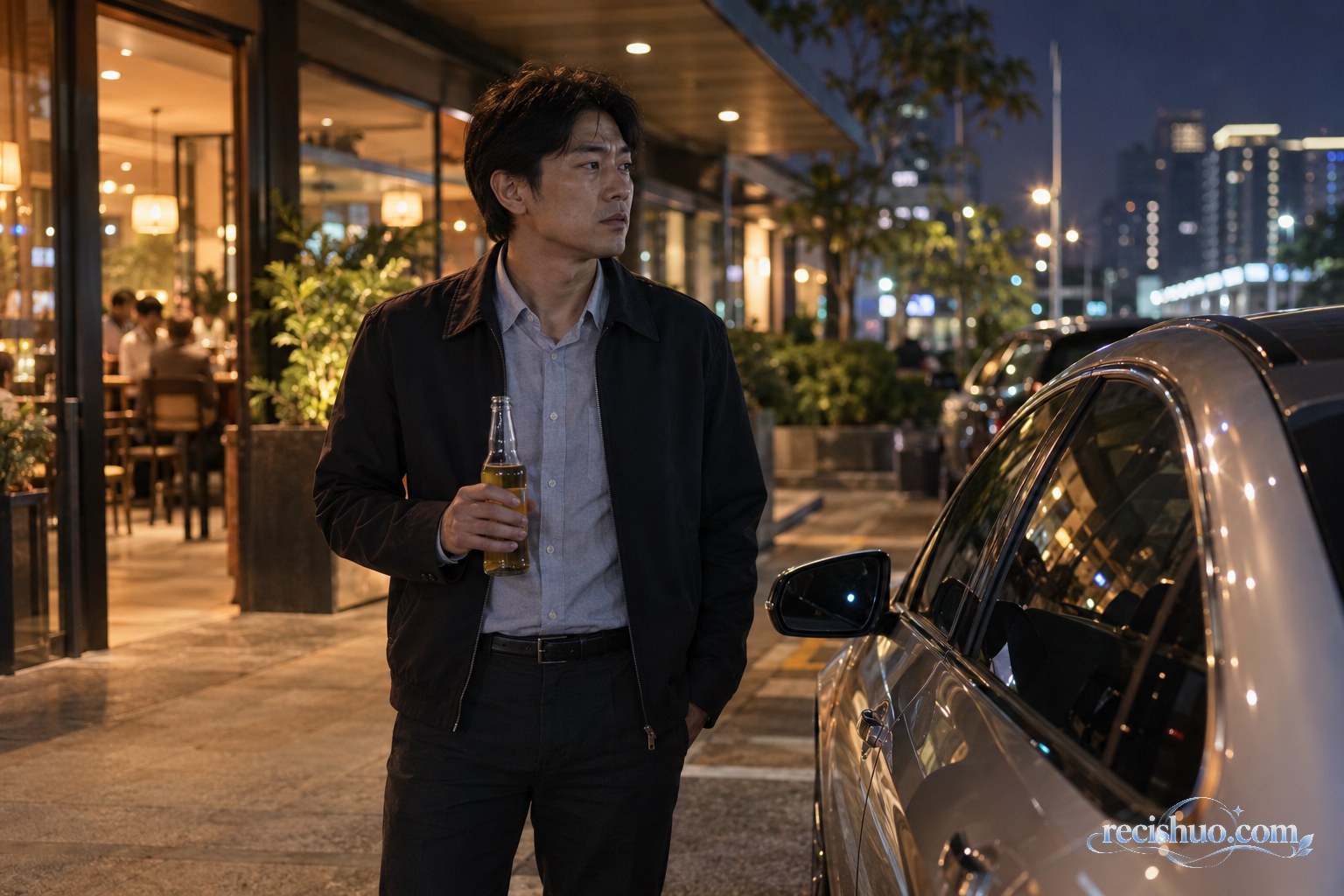 夜晚餐厅外,一名男子手持无品牌啤酒瓶站在汽车旁谨慎考虑是否驾车