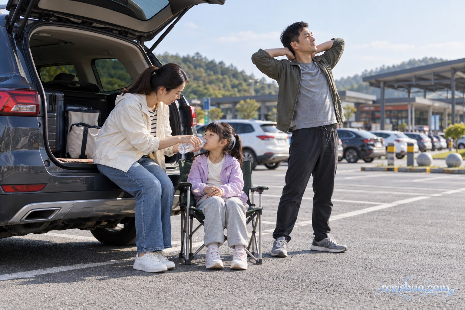 一家人在高速公路服务区停车补水并活动身体