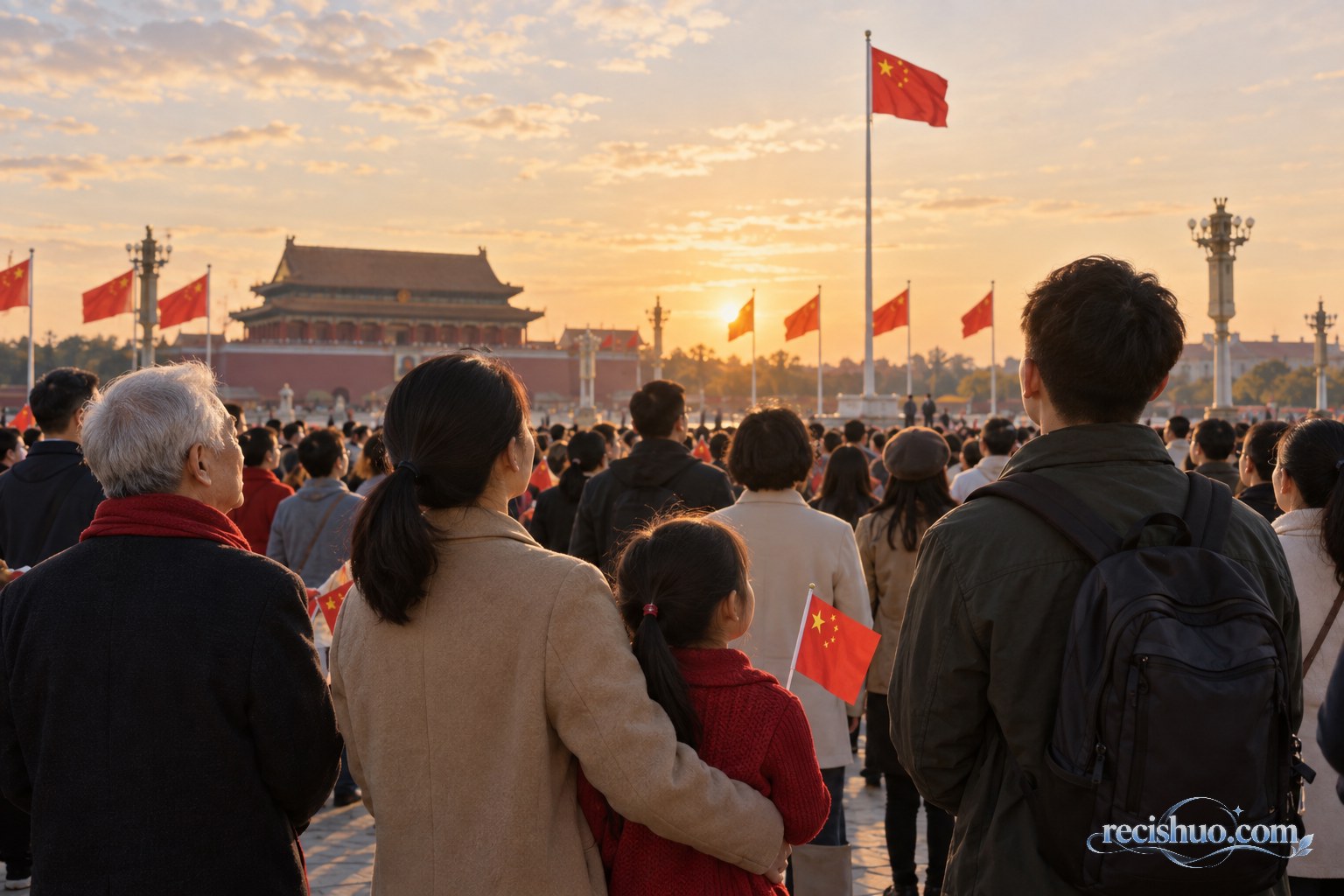 国庆清晨,不同年龄的人们在广场国旗下共同歌唱