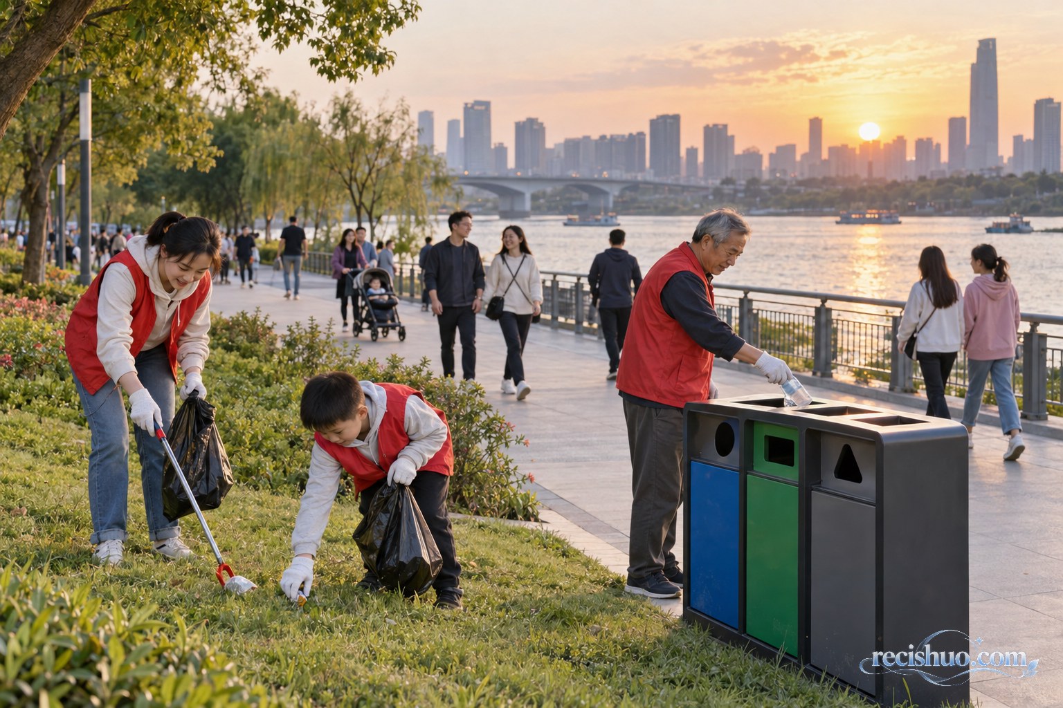 市民在滨河公园参与环境清洁和垃圾分类志愿行动