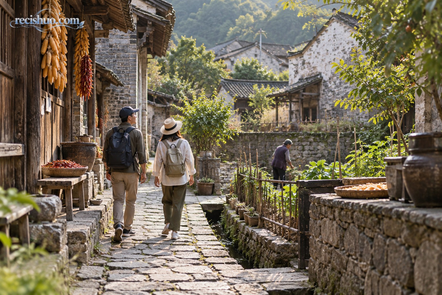 游客沿传统村落石板路慢行并观察当地生活场景
