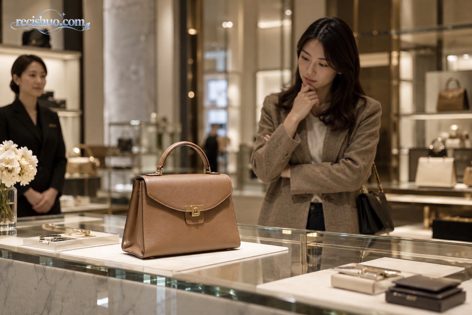 顾客在精品店内仔细观察无品牌皮革手袋并谨慎考虑购买