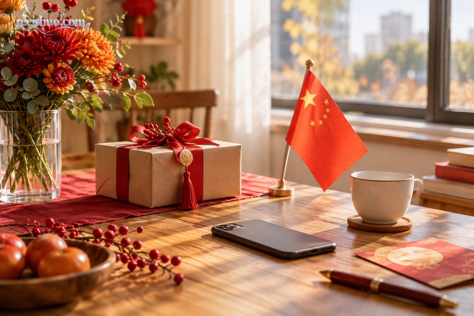 秋日晨光下摆放国旗、礼物、鲜花和手机的国庆节祝福场景