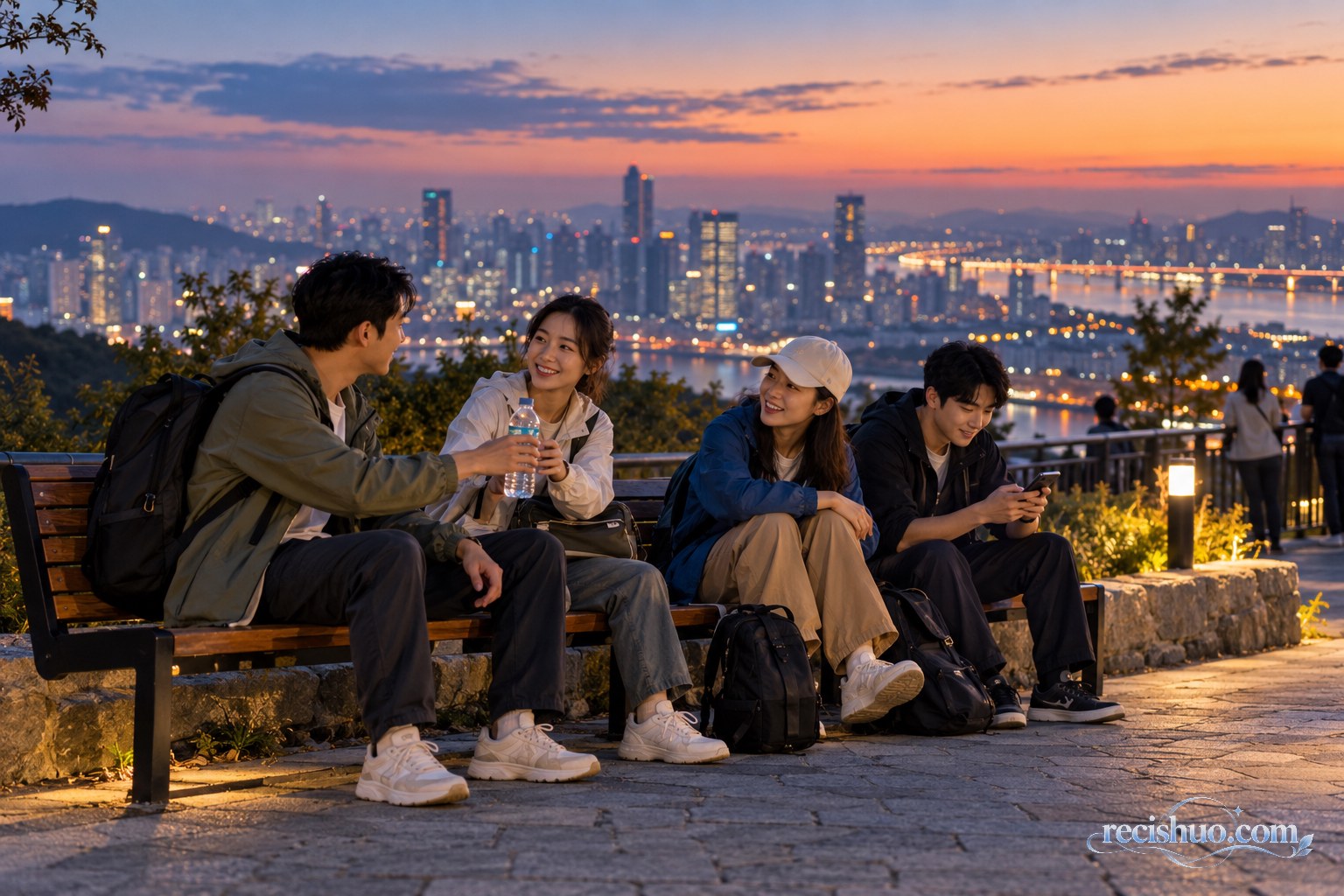 四位朋友傍晚在城市观景平台休息并相互照顾