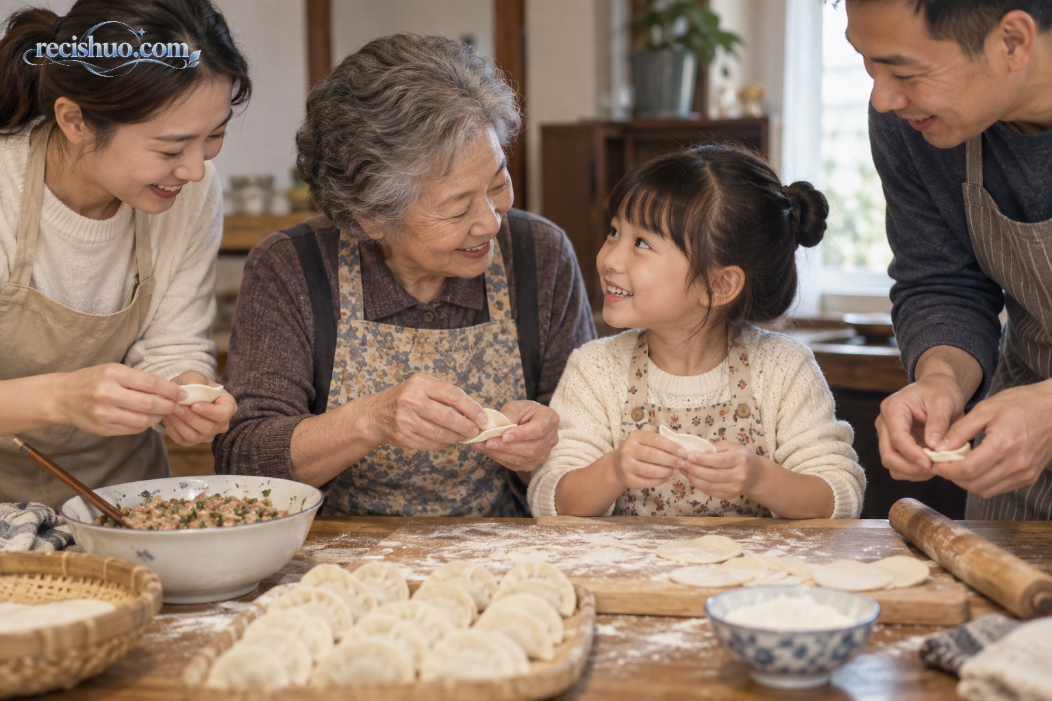 祖母、父母与孩子围在桌边包饺子,在共同劳作中传递家庭记忆