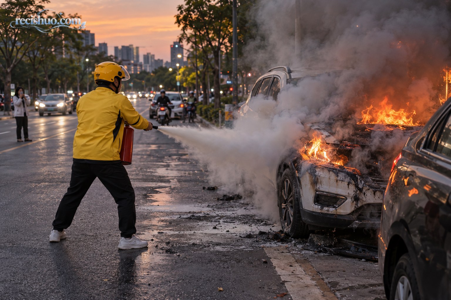 外卖骑手在城市道路上使用灭火器扑救起火车辆的纪实场景示意图