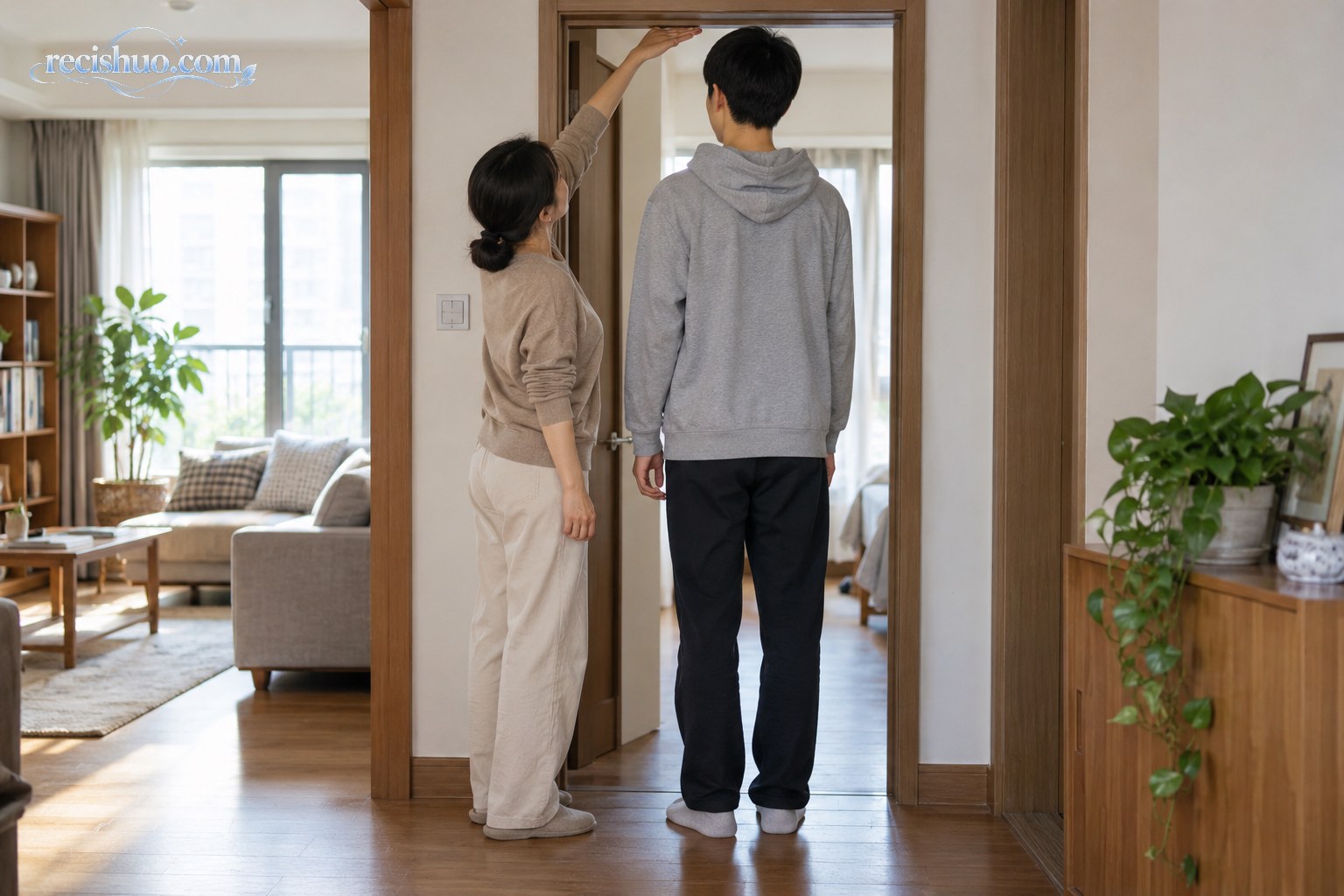 高个少年站在家中门框下,母亲抬手观察头顶空间