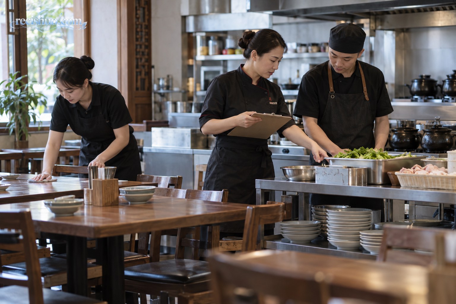 鸡煲餐馆员工在营业前核对备料并整理餐桌