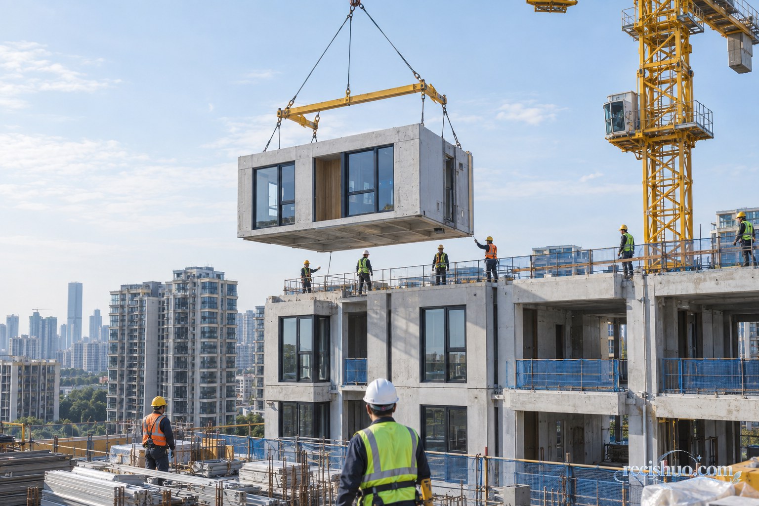 塔吊将预制建筑模块吊装至多层住宅施工现场