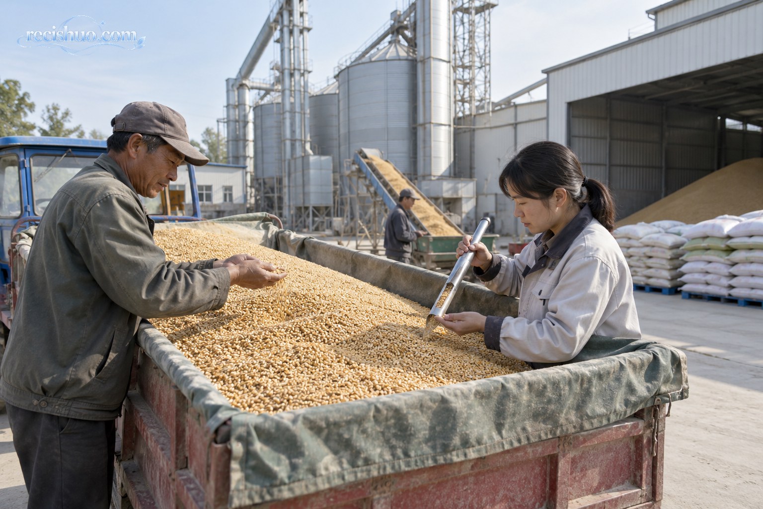 粮食接收点工作人员对新收粮食进行取样检查