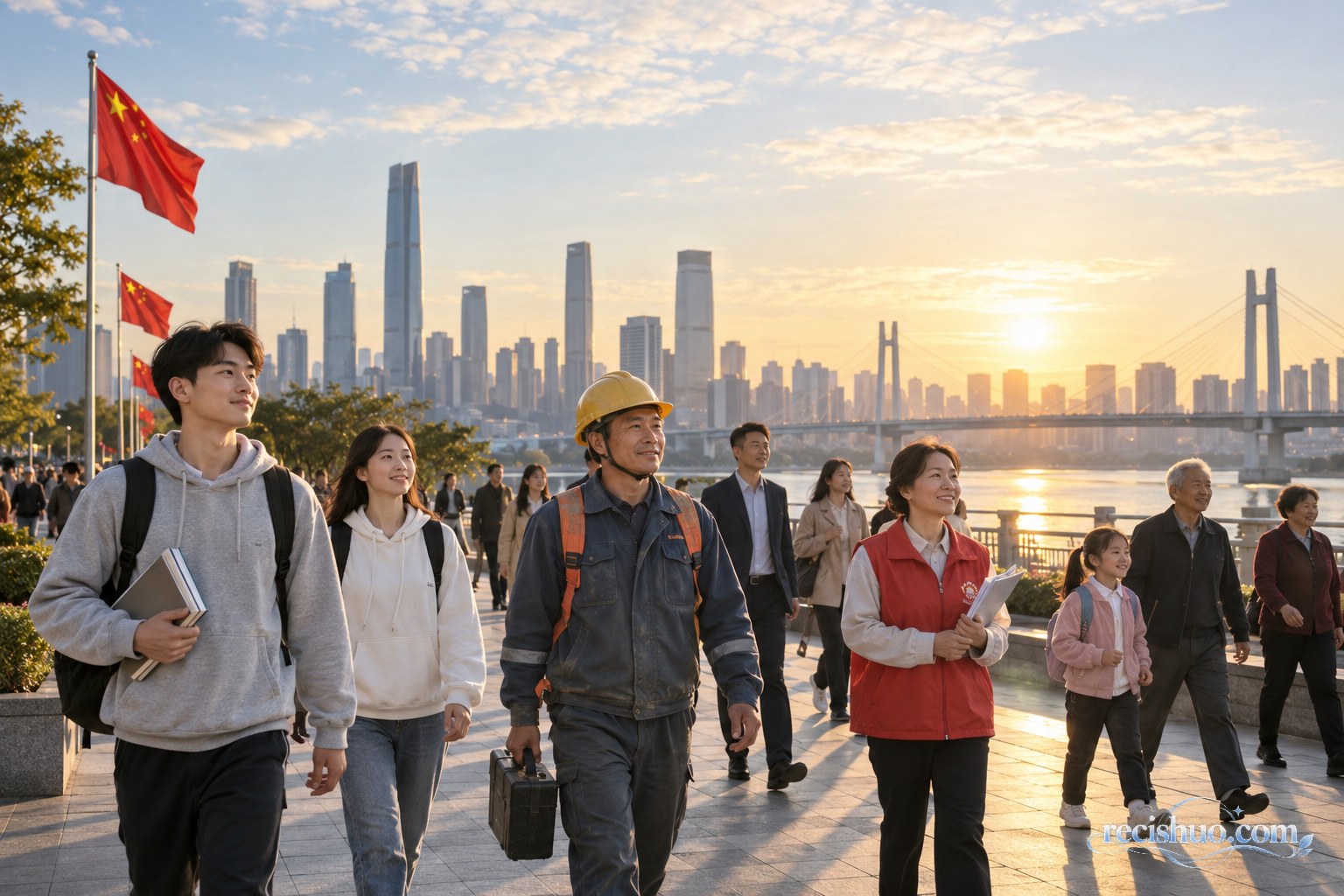 晨光下,不同年龄和职业的人们沿城市滨水步道坚定前行