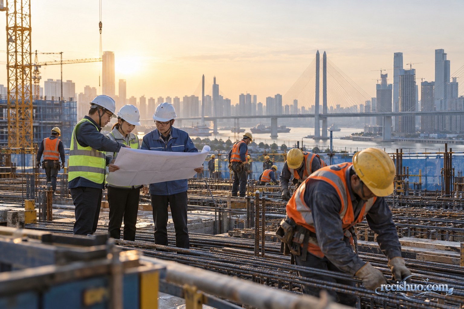 清晨城市建设现场,工程技术人员查看图纸,施工人员在各自岗位有序作业