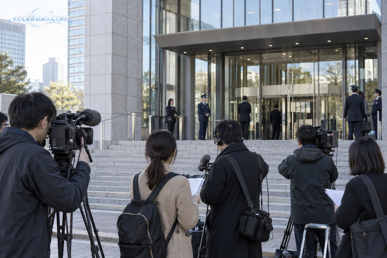 多名媒体记者在东京一座公共建筑入口外有序等候的庭审报道示意图