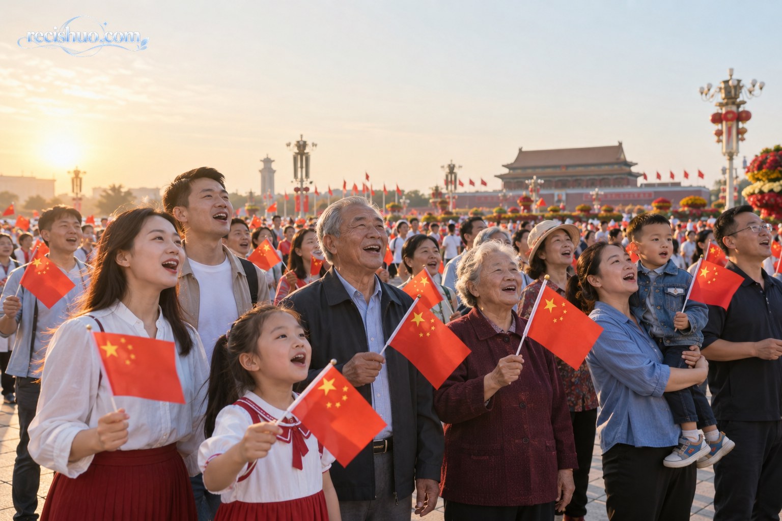 国庆清晨,不同年龄的人们在城市广场挥舞国旗共同歌唱