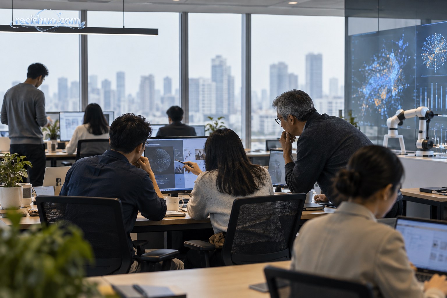 现代办公室里不同年龄的职场人与自动化设备共同工作的场景