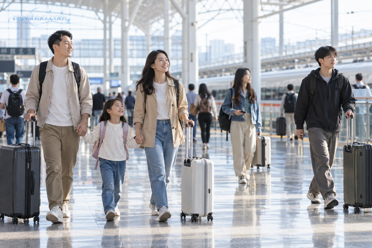 国庆假期旅客携带行李在现代高铁站有序出发