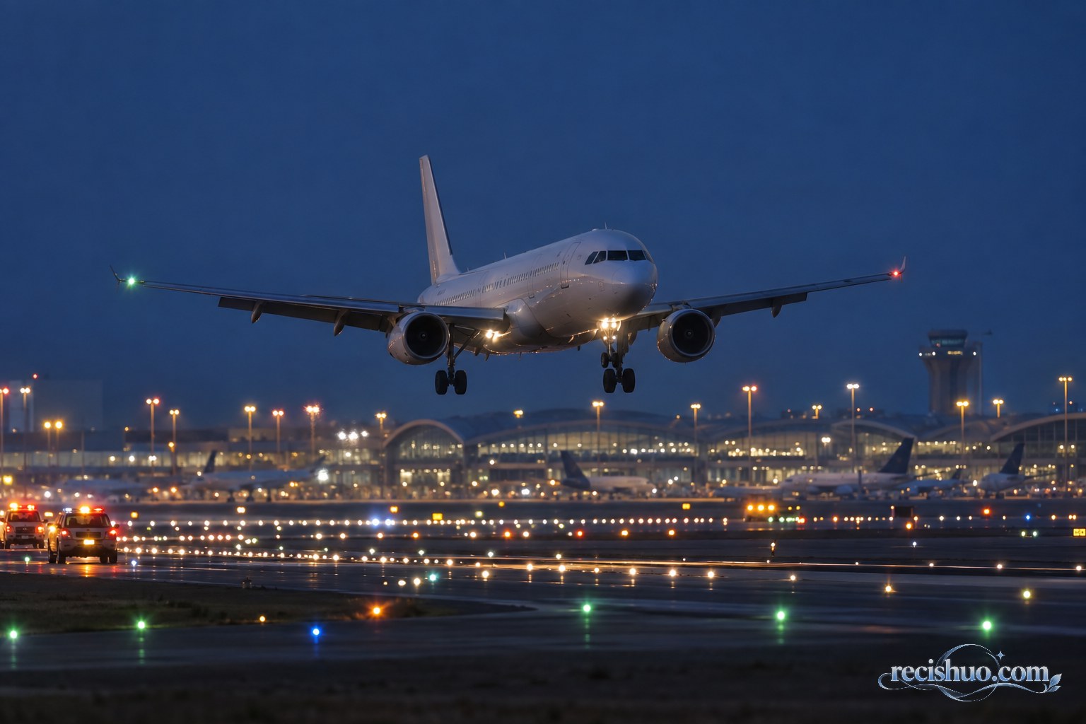 夜色中一架无航空公司标识的民航客机接近机场跑道,地面应急车辆在远处待命