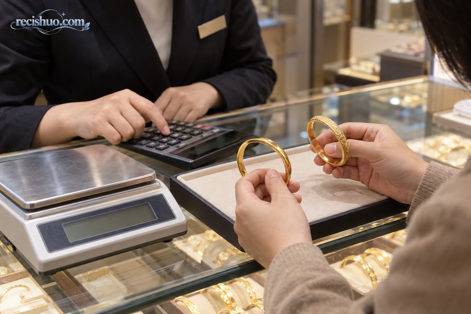 顾客在金店柜台比较两款金镯并核算重量与费用