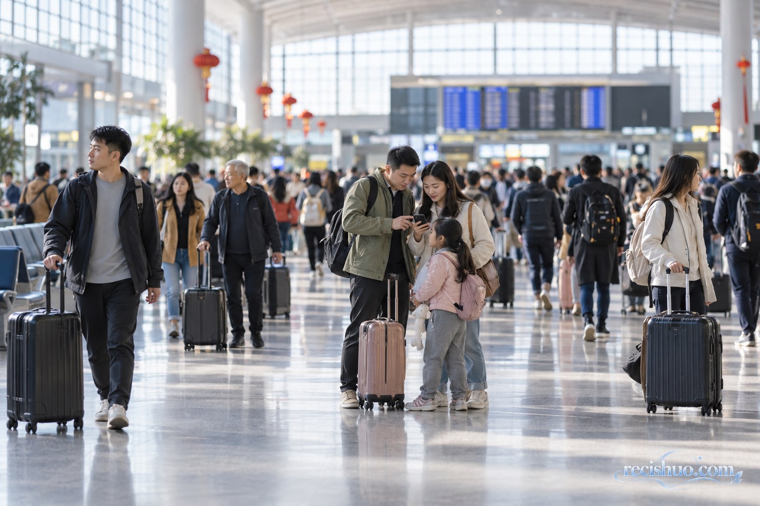 长假期间携带行李的中国游客在现代交通枢纽内有序出行