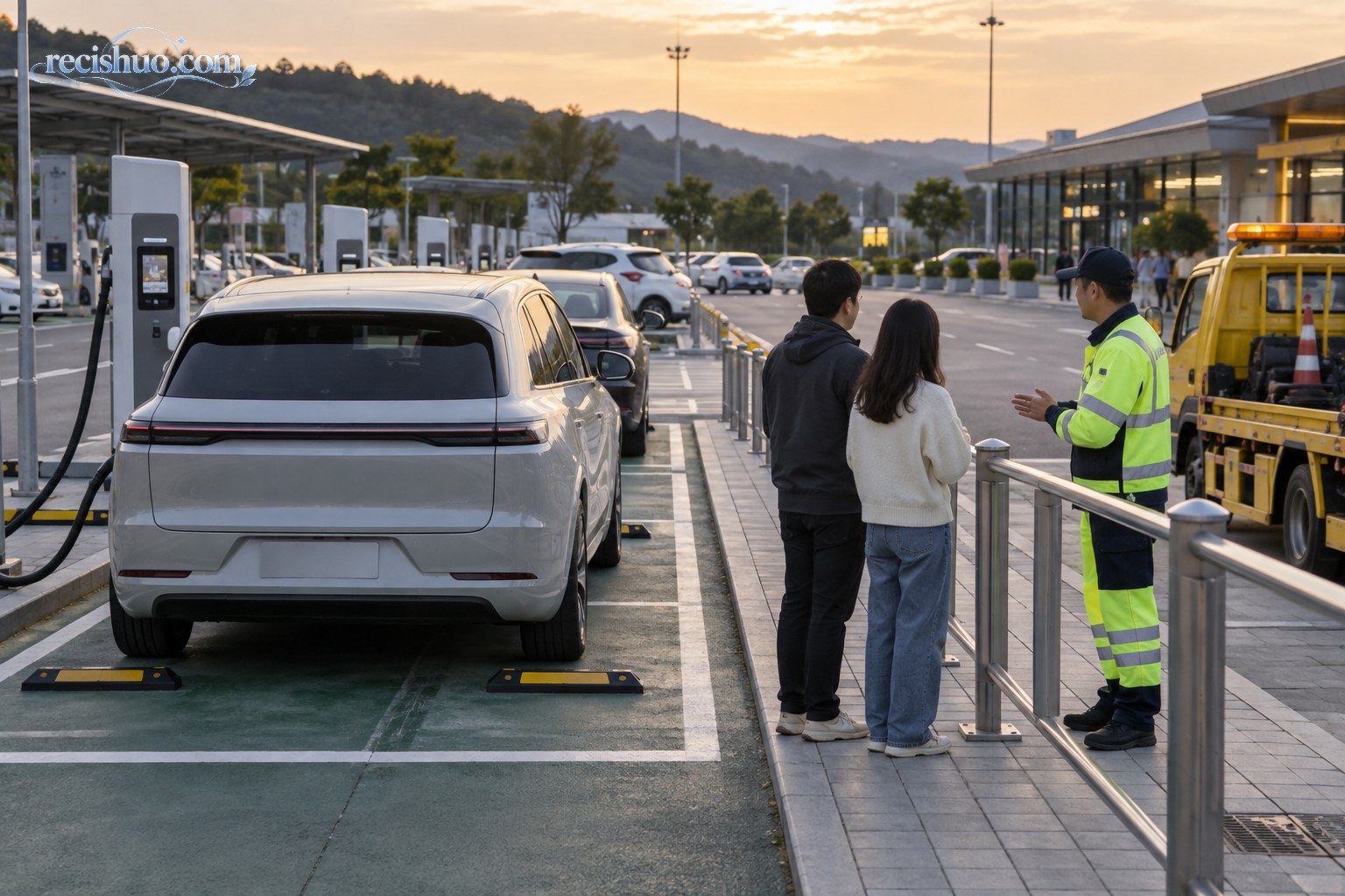 高速服务区内,新能源车主在安全区域与道路救援人员沟通