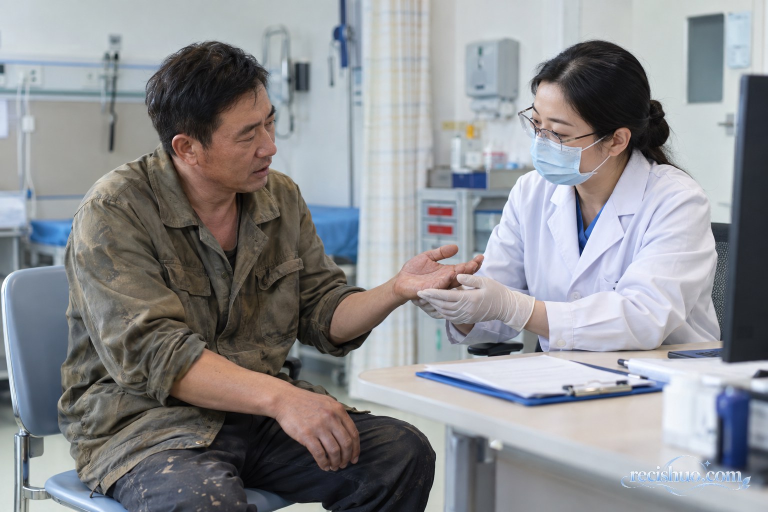 诊室内,医护人员正在询问劳作者的受伤经过并检查手部