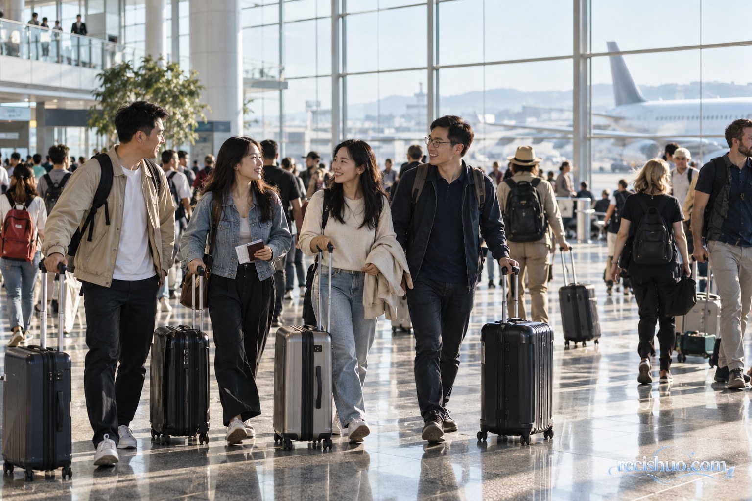 中国游客携带行李经过明亮的国际机场出发大厅