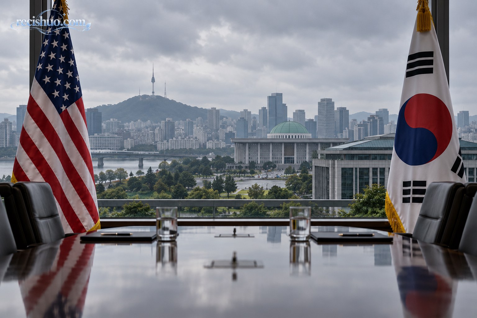 美国与韩国国旗分列会议桌两侧,窗外可见首尔城市景观,呈现美韩谈判议题