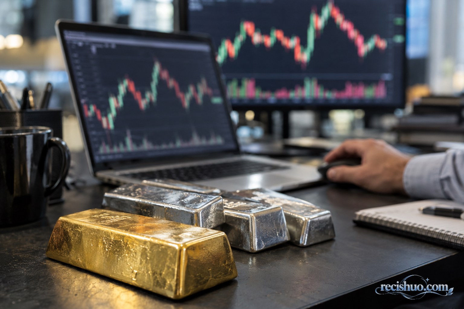 交易桌上的金银锭与模糊行情屏幕,表现数据公布后的市场震荡