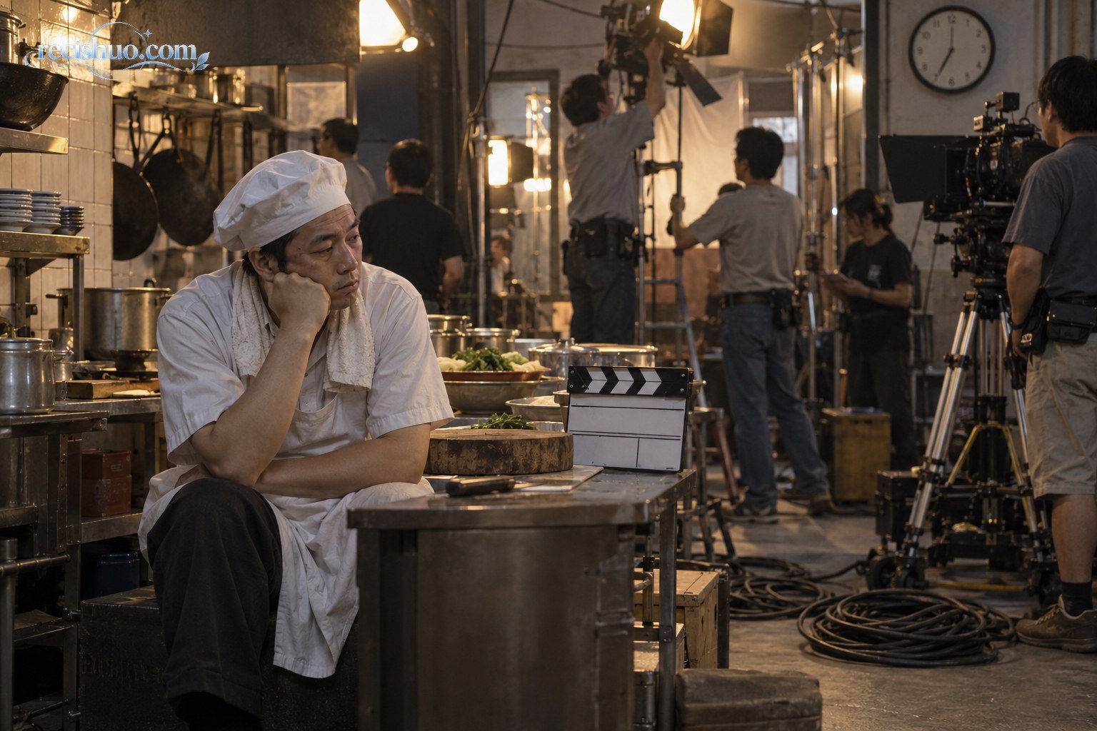 厨房片场内,一名厨师角色演员坐在场边等待工作人员重新布置灯光和摄影设备