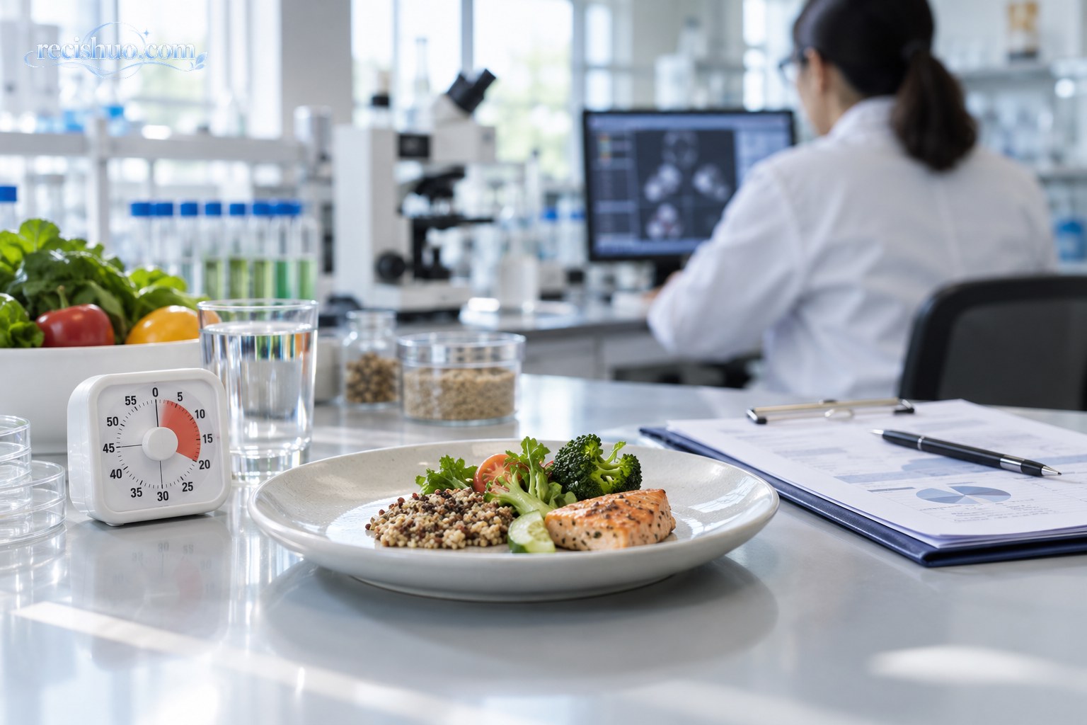 医学研究环境中的健康餐盘、计时器和正在分析资料的研究人员