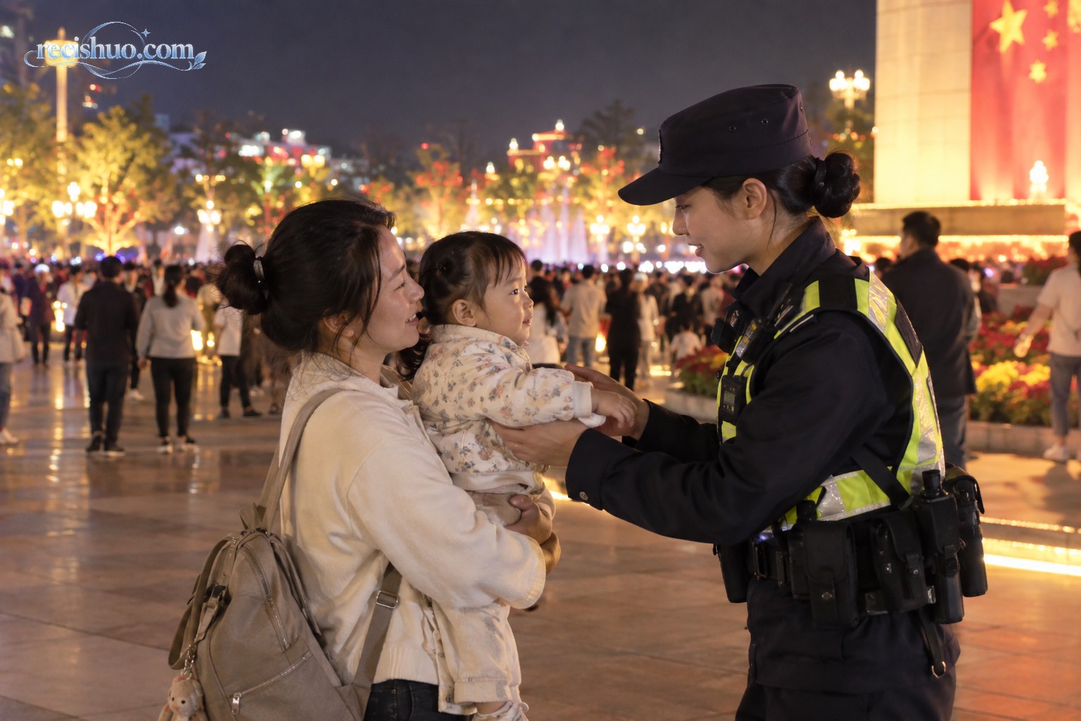 节庆夜晚的城市广场上,一位带幼儿的母亲向执勤女警寻求帮助