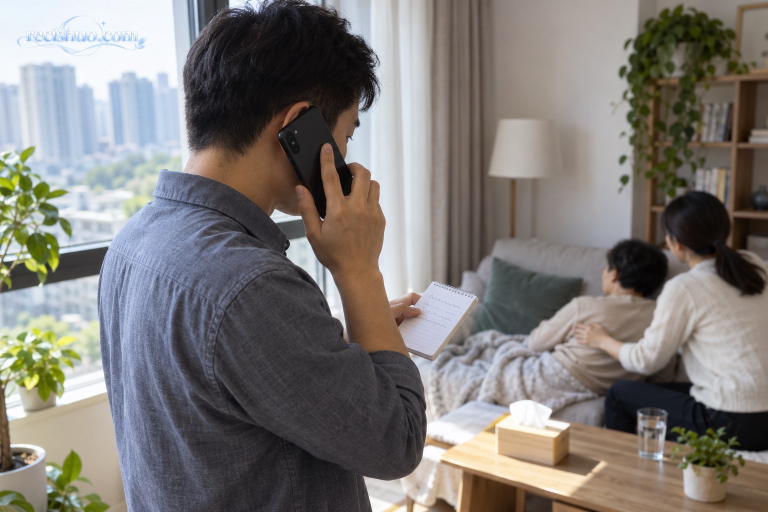 家属在住宅内拨打急救电话并用便签整理患者情况,其他人陪伴身体不适者