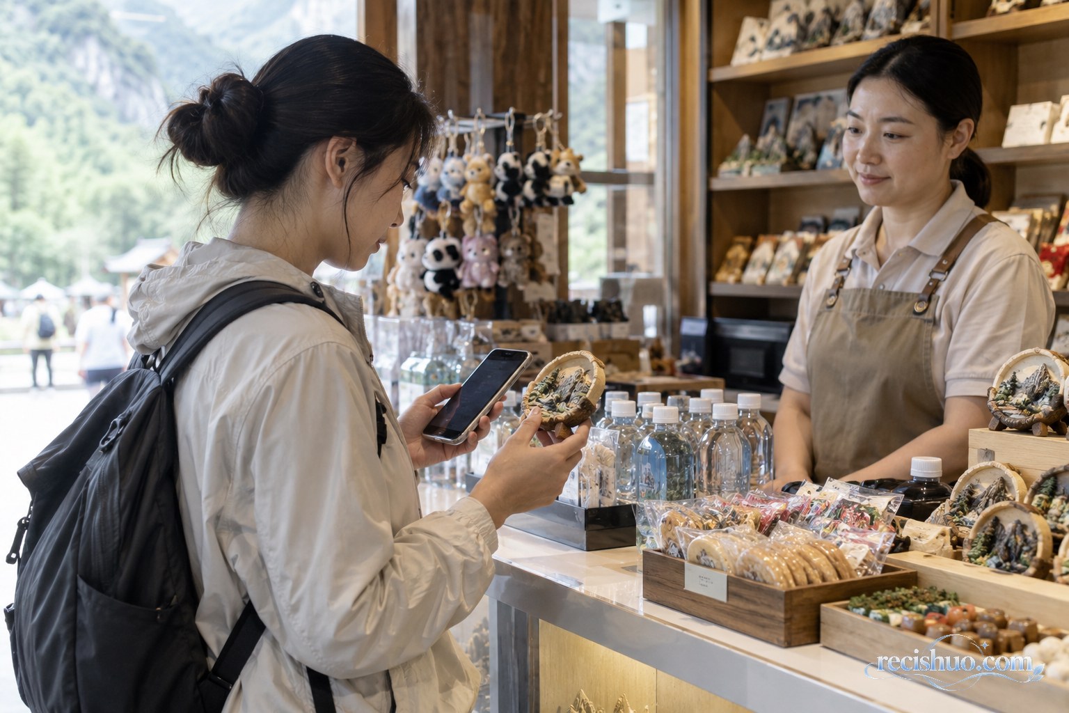游客在景区商店柜台前用手机核算预算并查看纪念品