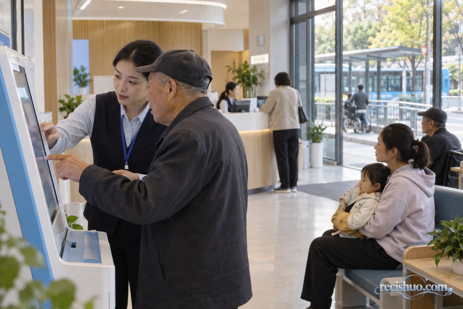 县城公共服务空间内工作人员协助老人使用自助设备