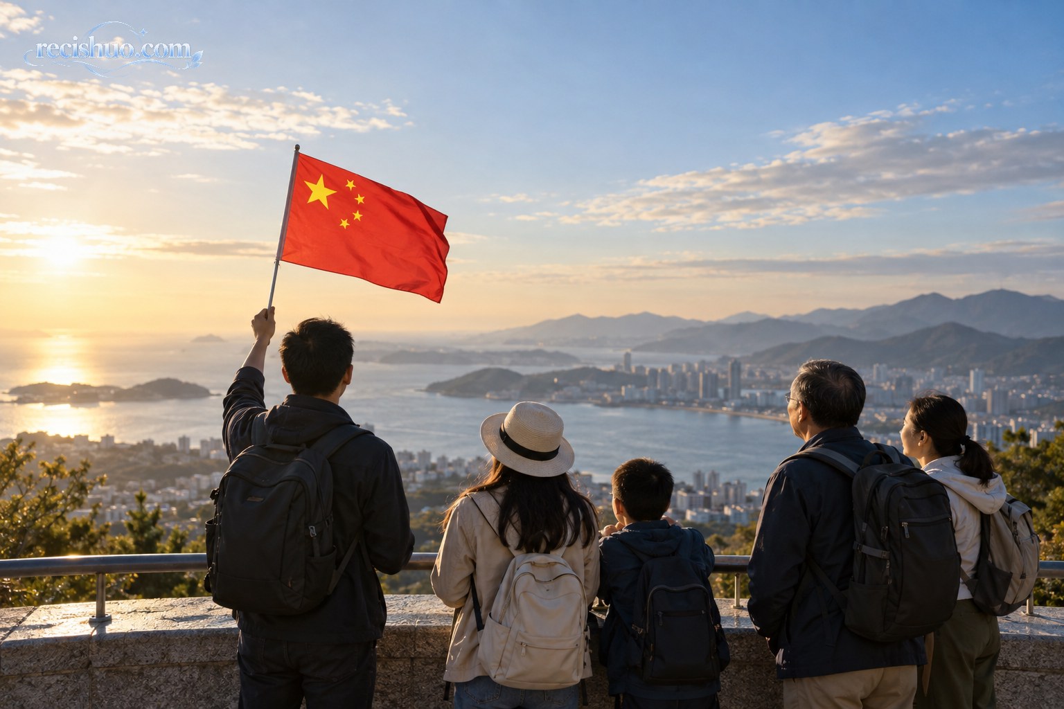 中国游客手持五星红旗站在海外观景平台眺望远方