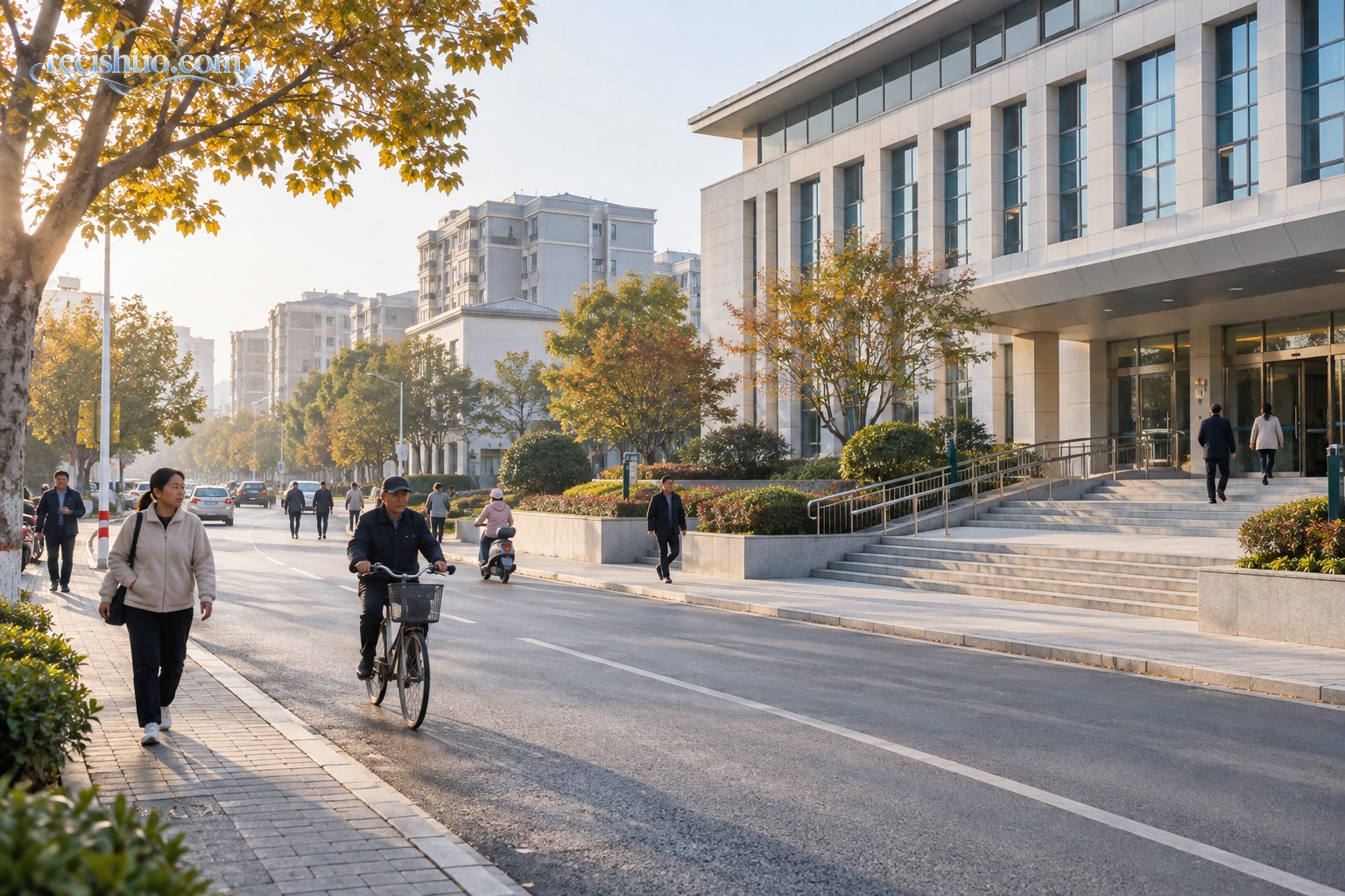 秋日晨光下居民经过县城公共服务建筑的街景