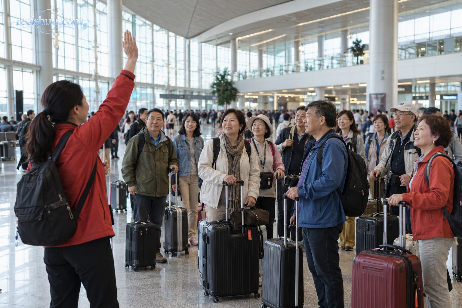 交通枢纽内一名领队举手召集中国游客,大家携带行李有序回应