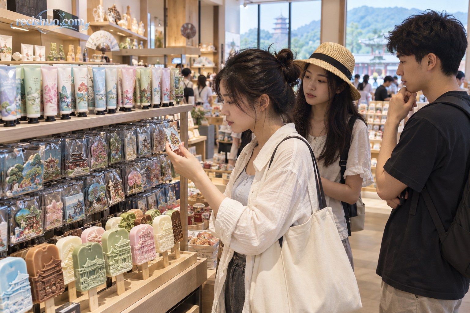 年轻游客在景区商店查看护手霜、冰箱贴和文创雪糕等纪念商品
