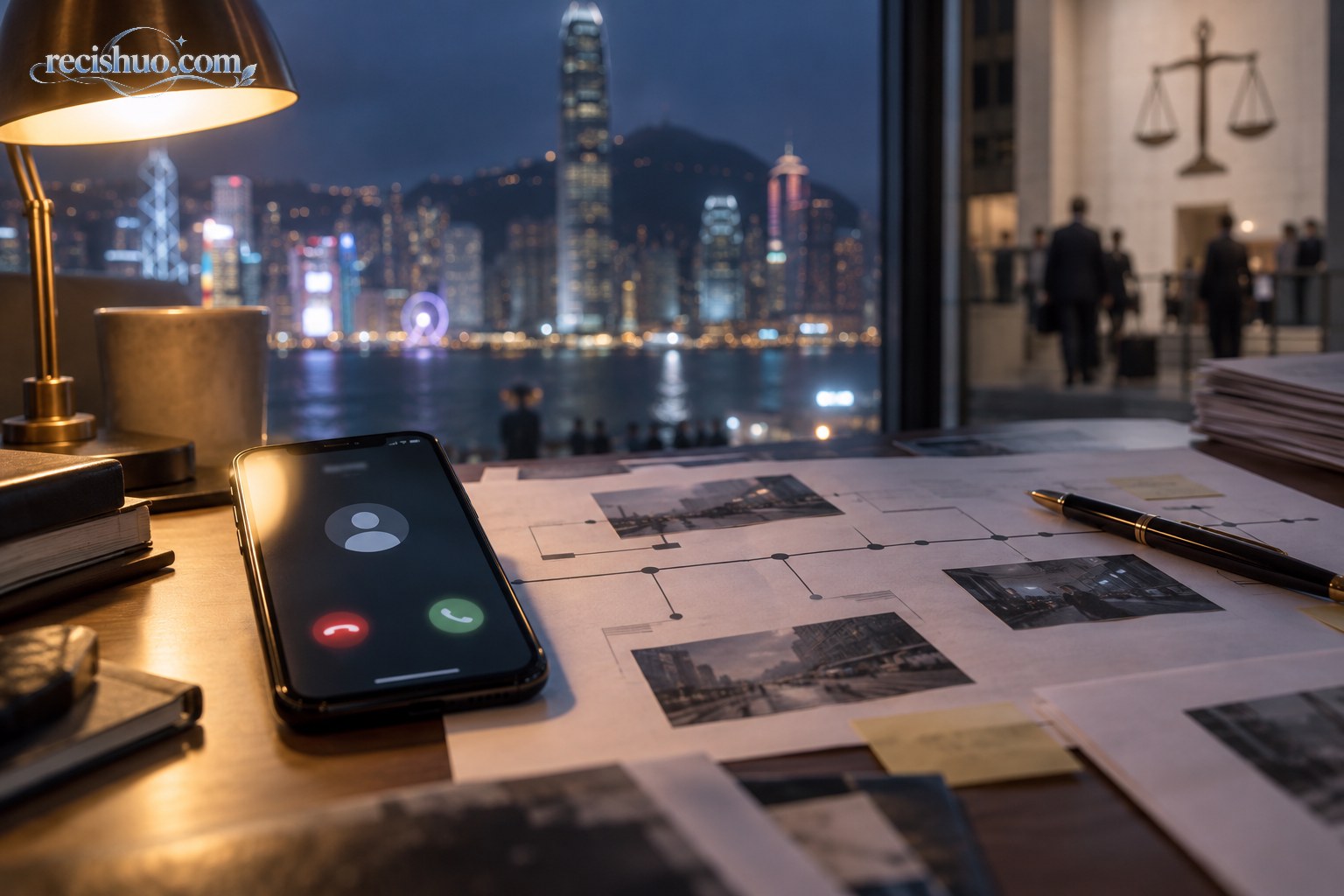 香港夜景前摆放着显示来电图标的手机与案件时间线资料