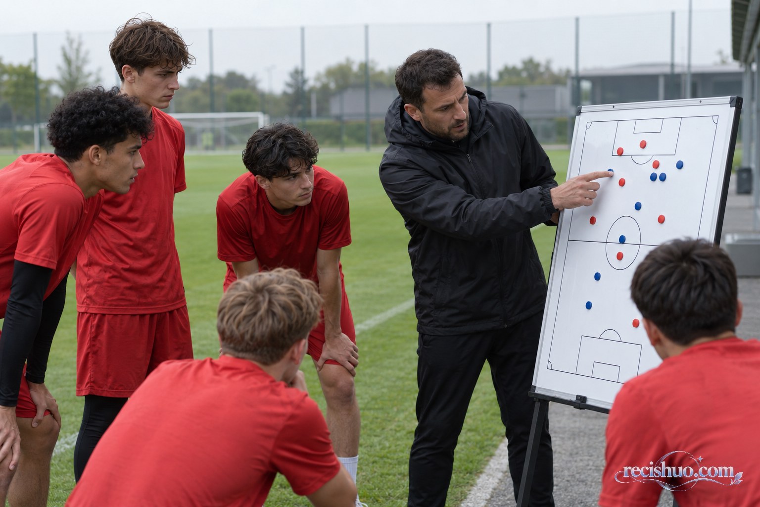 教练在训练场边利用战术板向身穿红色训练服的年轻球员讲解部署