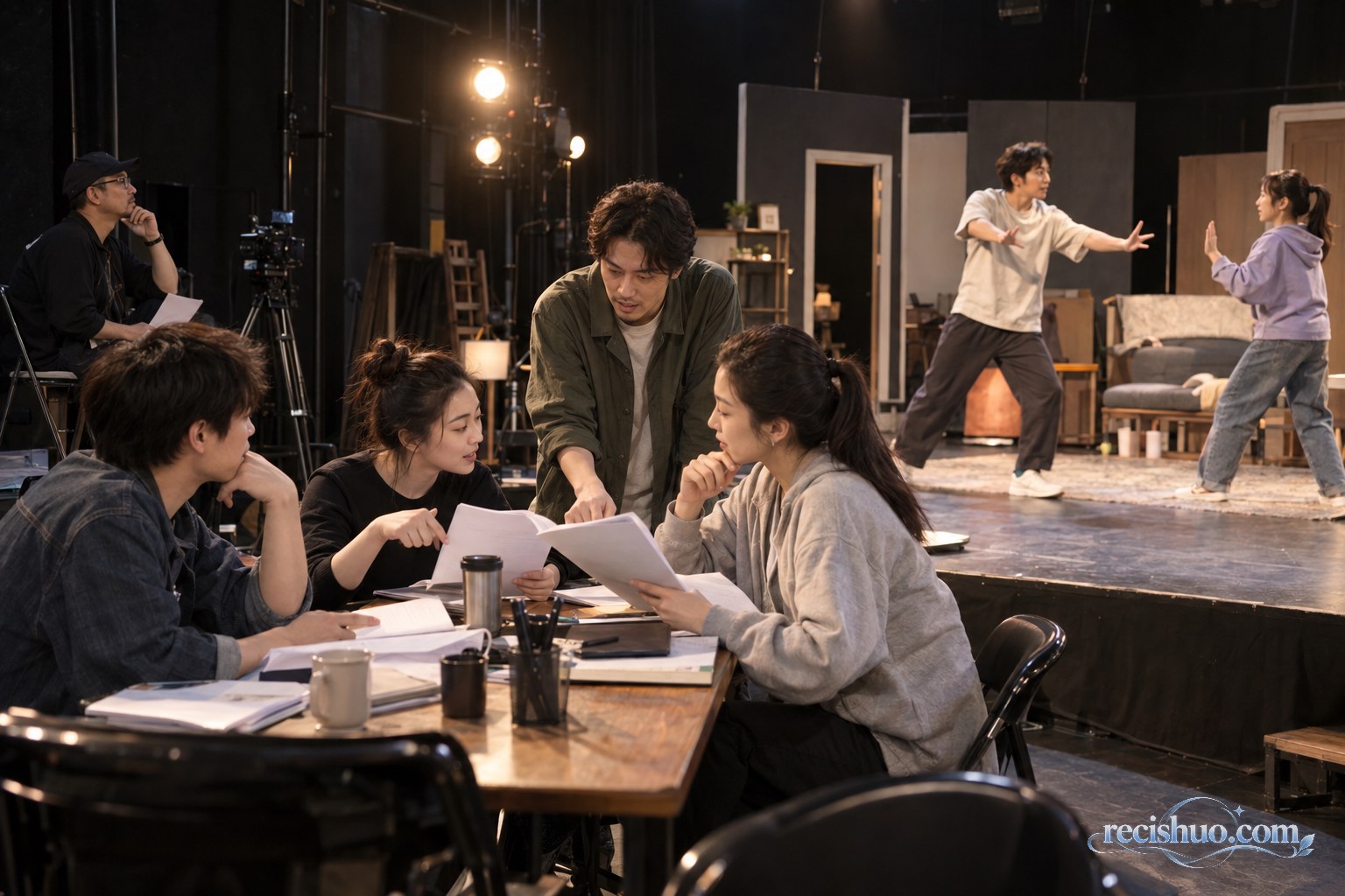 黑匣子排练厅内创作人员讨论剧本、演员在舞台上排练的工作场景