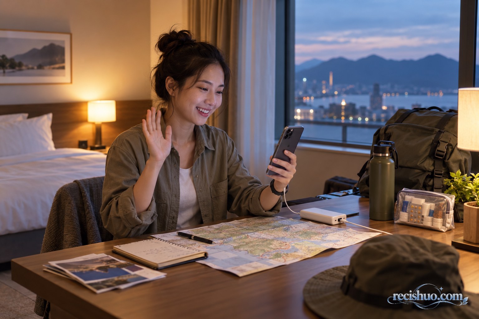 旅行者在酒店房间整理装备并通过手机向亲友报平安