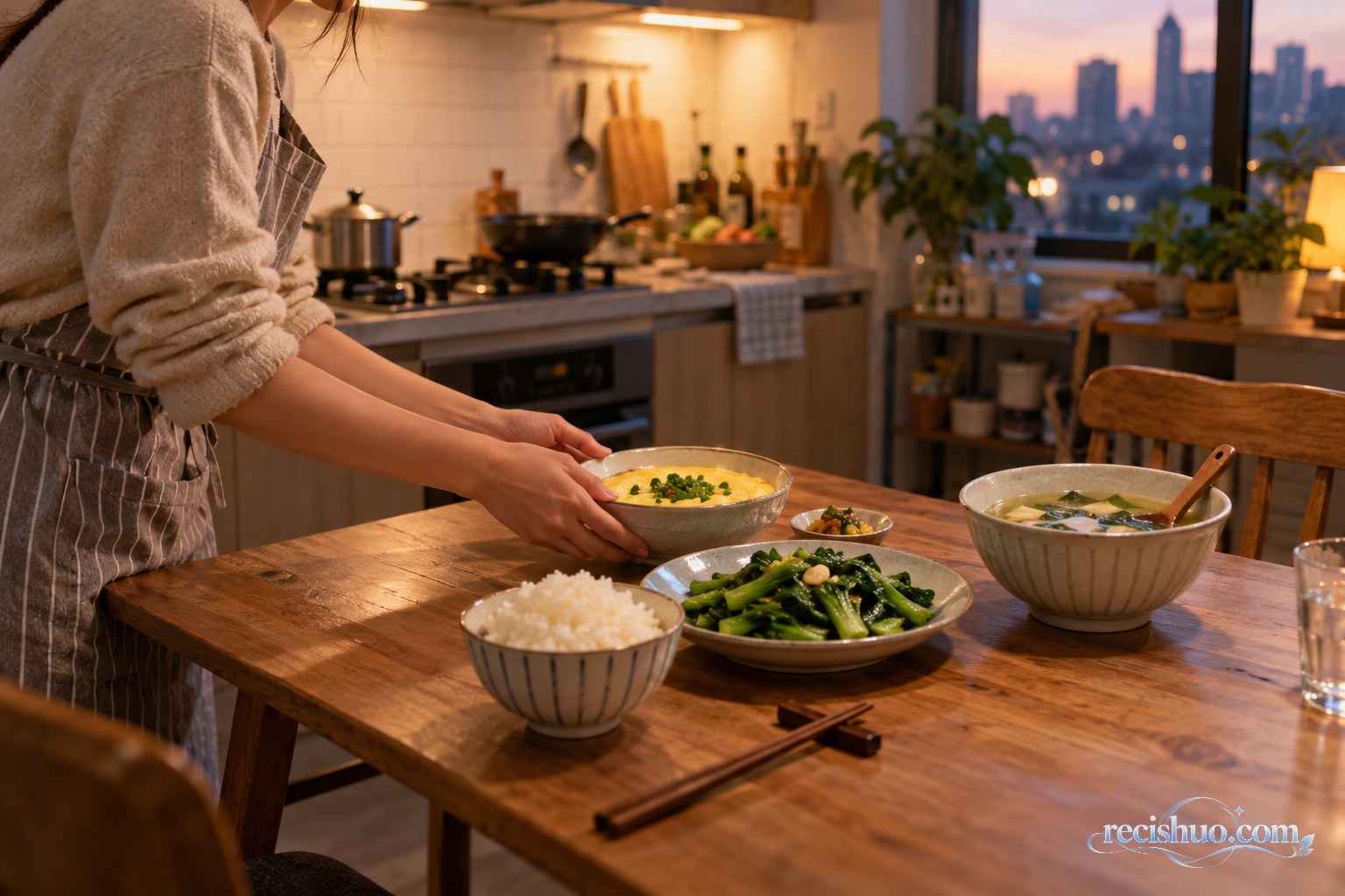 年轻人在傍晚的家中厨房把清淡家常饭端上餐桌