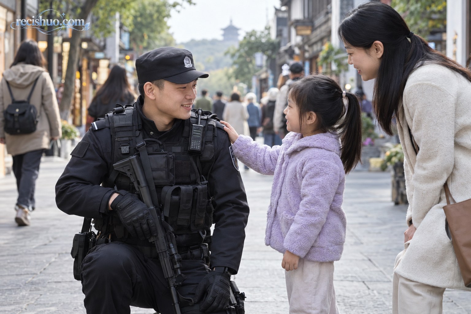杭州城市步行街上,执勤特警俯身与萌娃亲切互动,家长在一旁陪伴