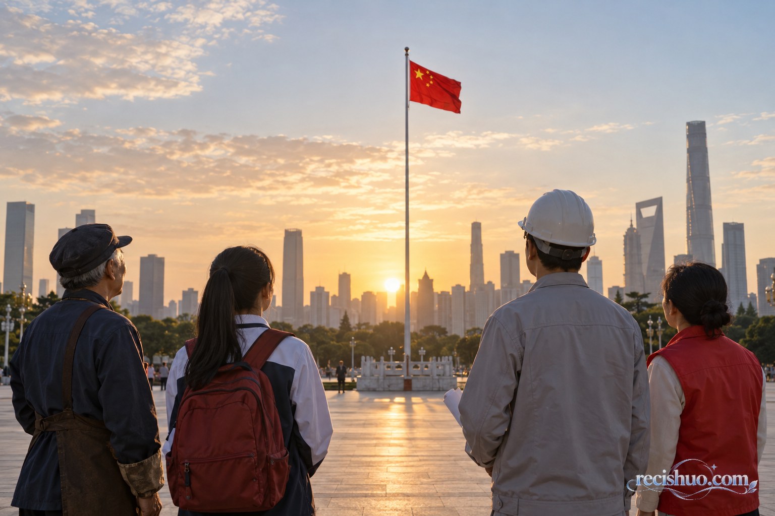 晨光中的城市广场上,不同职业的普通人面向国旗与城市天际线肃立